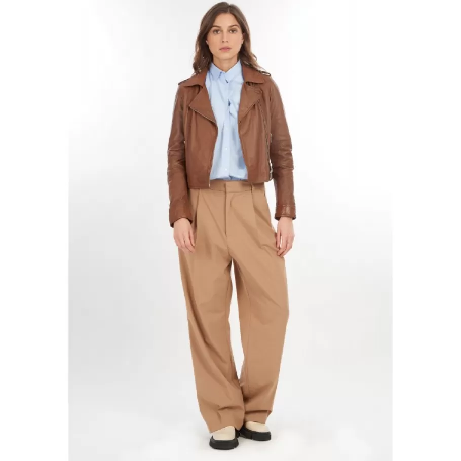 OAKWOOD Alizee Cognac - Blouson Asymetrique Court En Cuir Veritable Effet Lave Fashion