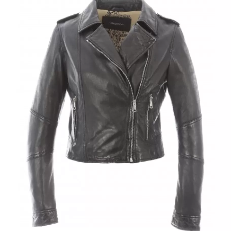 OAKWOOD Alizee Noir - Blouson Asymetrique Court En Cuir Veritable Effet Lave Cheap