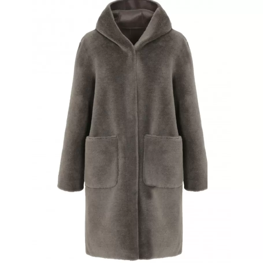OAKWOOD Angelique Kaki Fonce - Manteau Reversible A Capuche Effet Peau Lainee Outlet