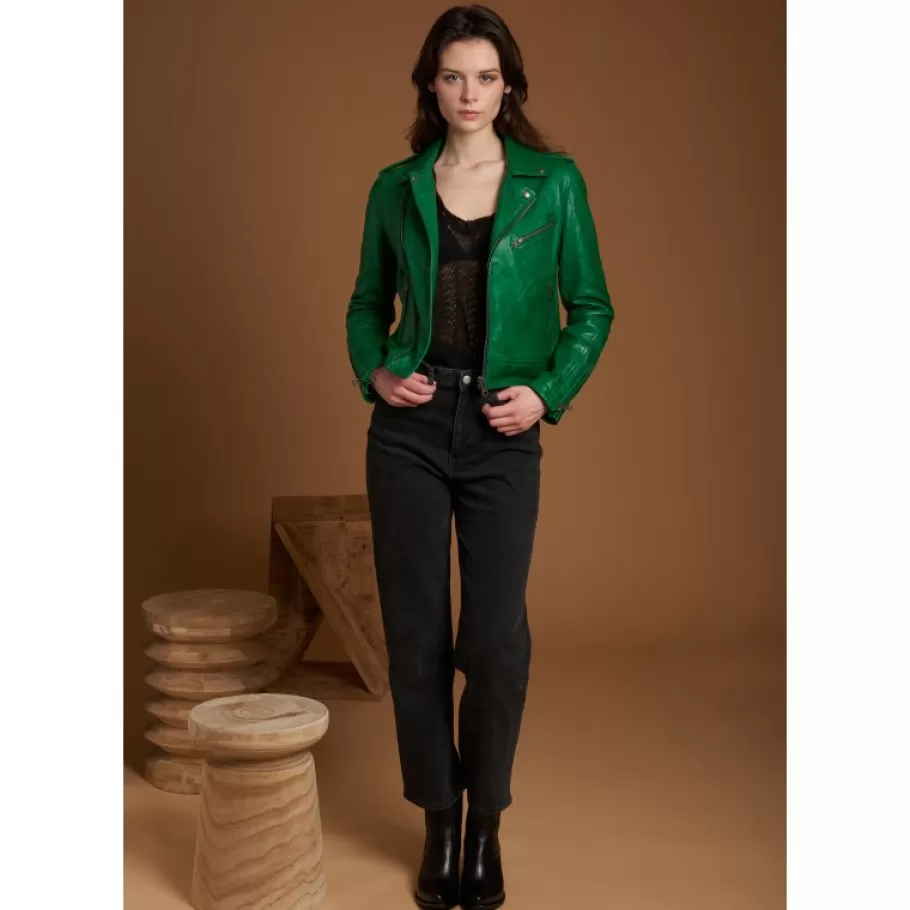 OAKWOOD Boogie Vert - Blouson Epure A Fermeture Asymetrique En Cuir Veritable New