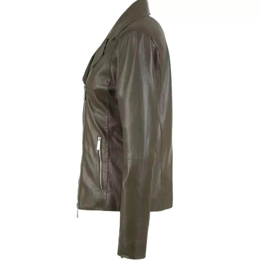 OAKWOOD Flash Kaki - Blouson Epure A Fermeture Asymetrique En Cuir Veritable De Mouton Sale