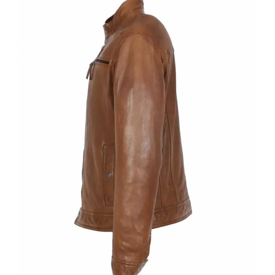 OAKWOOD Gilles 6 Cognac - Blouson En Cuir Veritable Col Mao A Bouton Pression Discount