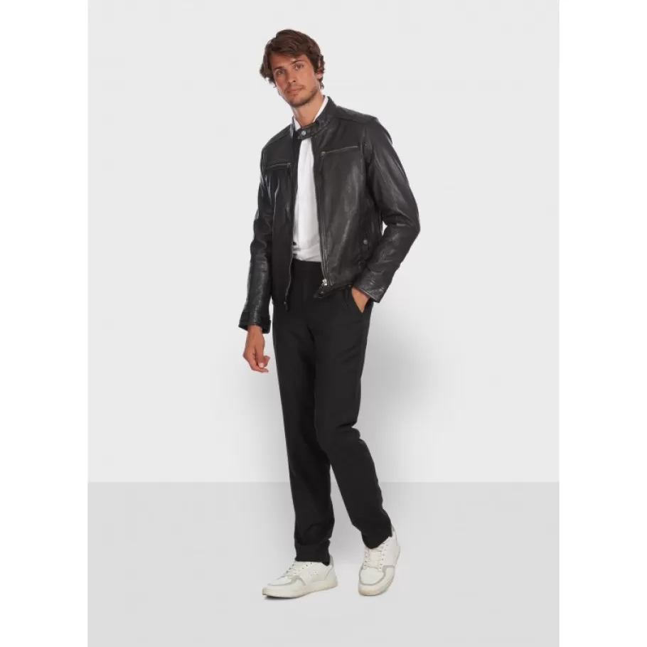 OAKWOOD Gilles 6 Noir - Blouson En Cuir Veritable Col Mao A Bouton Pression Hot