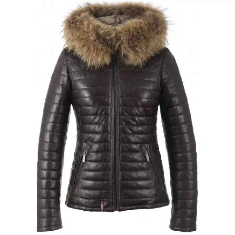 OAKWOOD Happy Chocolat - Doudoune En Cuir Veritable Bicolore A Capuche & Fourrure Sale