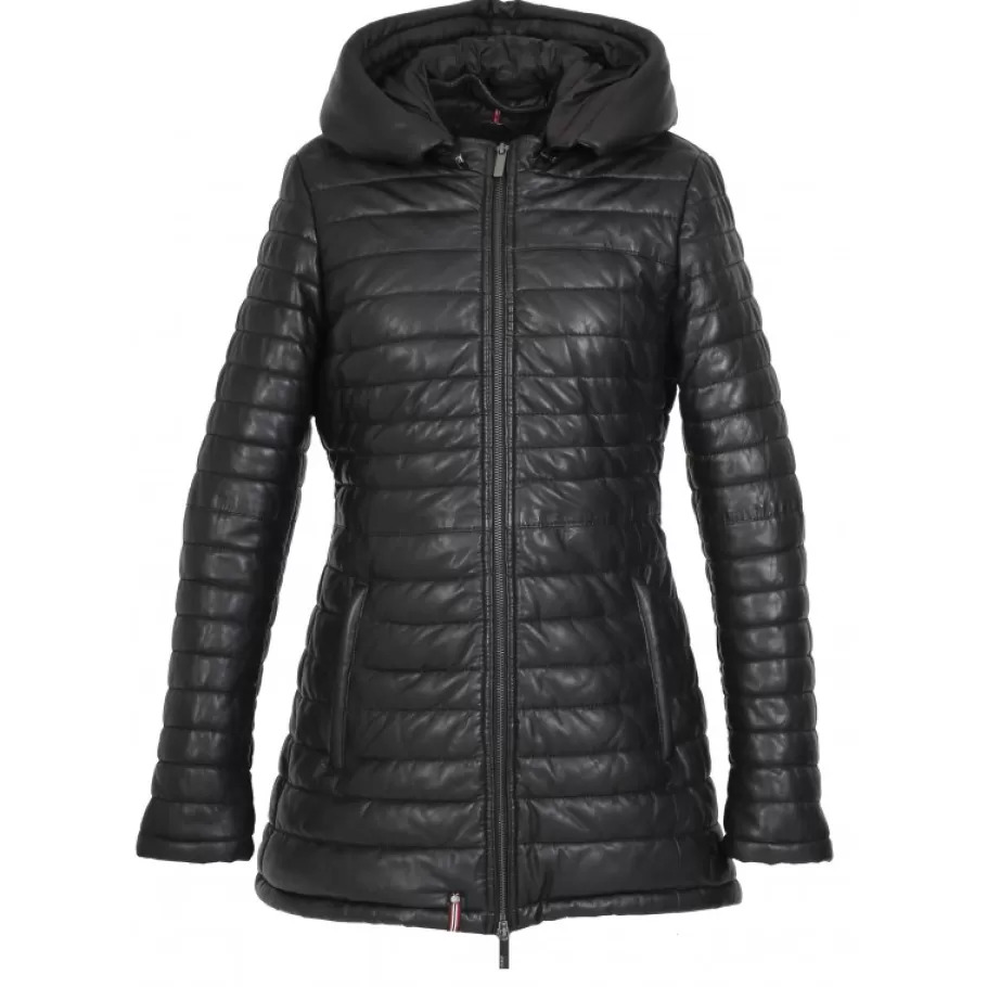 OAKWOOD Hopper Noir - Doudoune Mi-Longue En Cuir Veritable Capuche A Revers Best