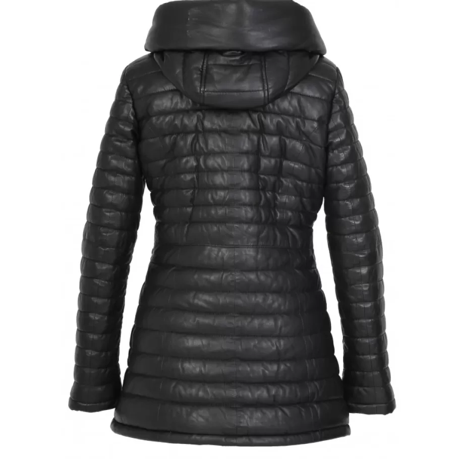 OAKWOOD Hopper Noir - Doudoune Mi-Longue En Cuir Veritable Capuche A Revers Best