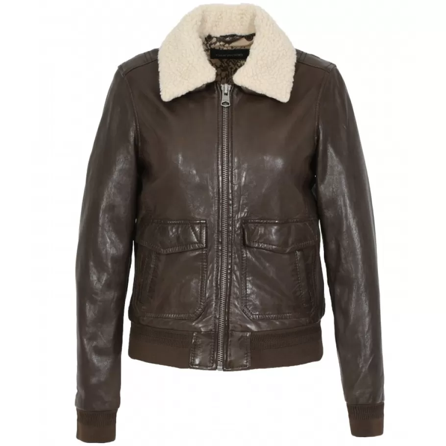 OAKWOOD Karma Marron – Blouson En Cuir Veritable Lave Col Amovible Fourrure Synthetique Cheap