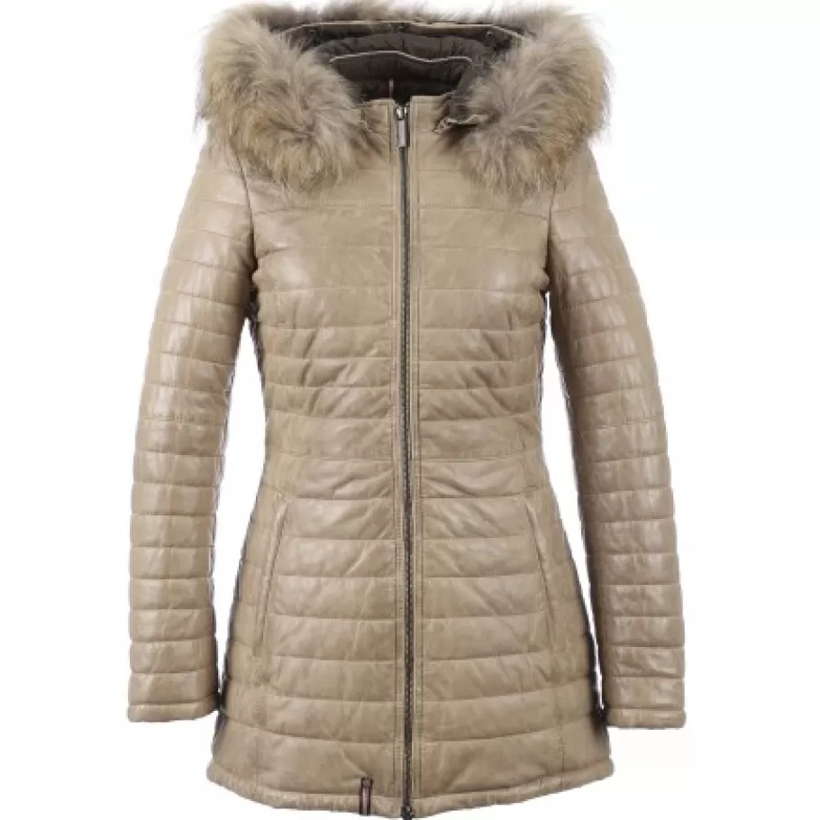 OAKWOOD Popping Beige Fonce - Doudoune Longue En Cuir Veritable Bicolore Clearance