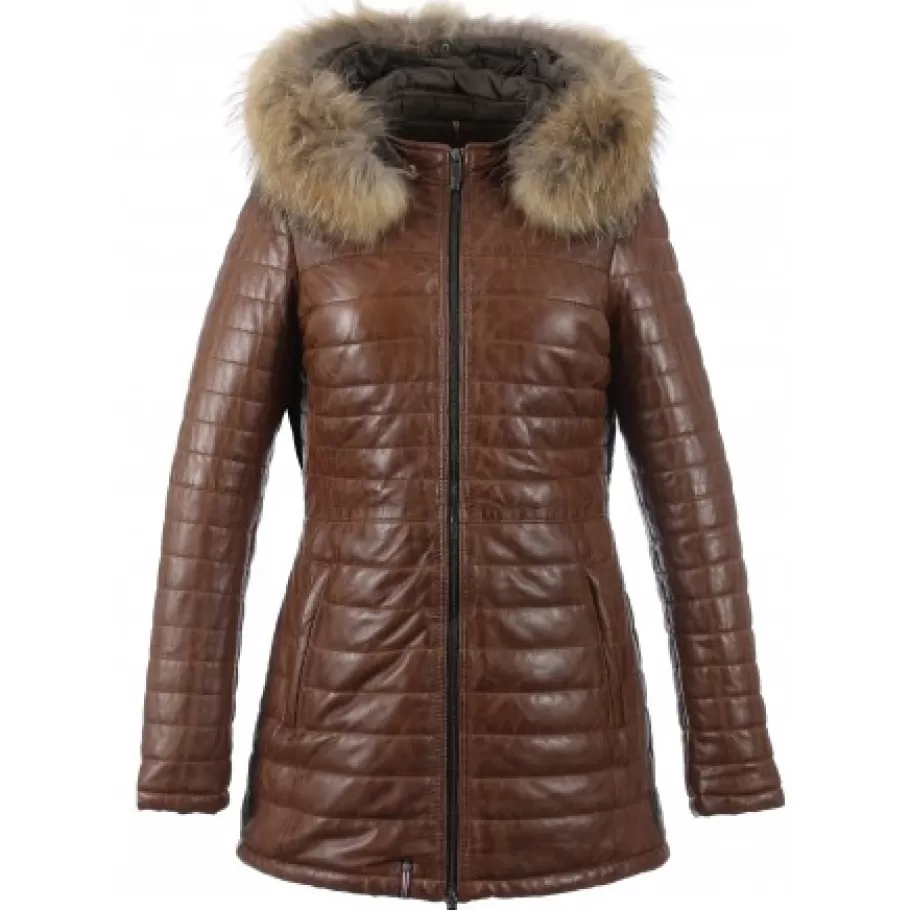 OAKWOOD Popping Cognac - Doudoune Longue En Cuir Veritable Bicolore Flash Sale