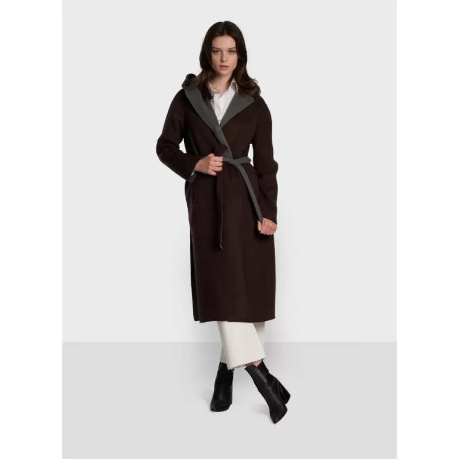 OAKWOOD Positano Bi Marron Fonce/Gris - Manteau Long En Laine A Capuche Online