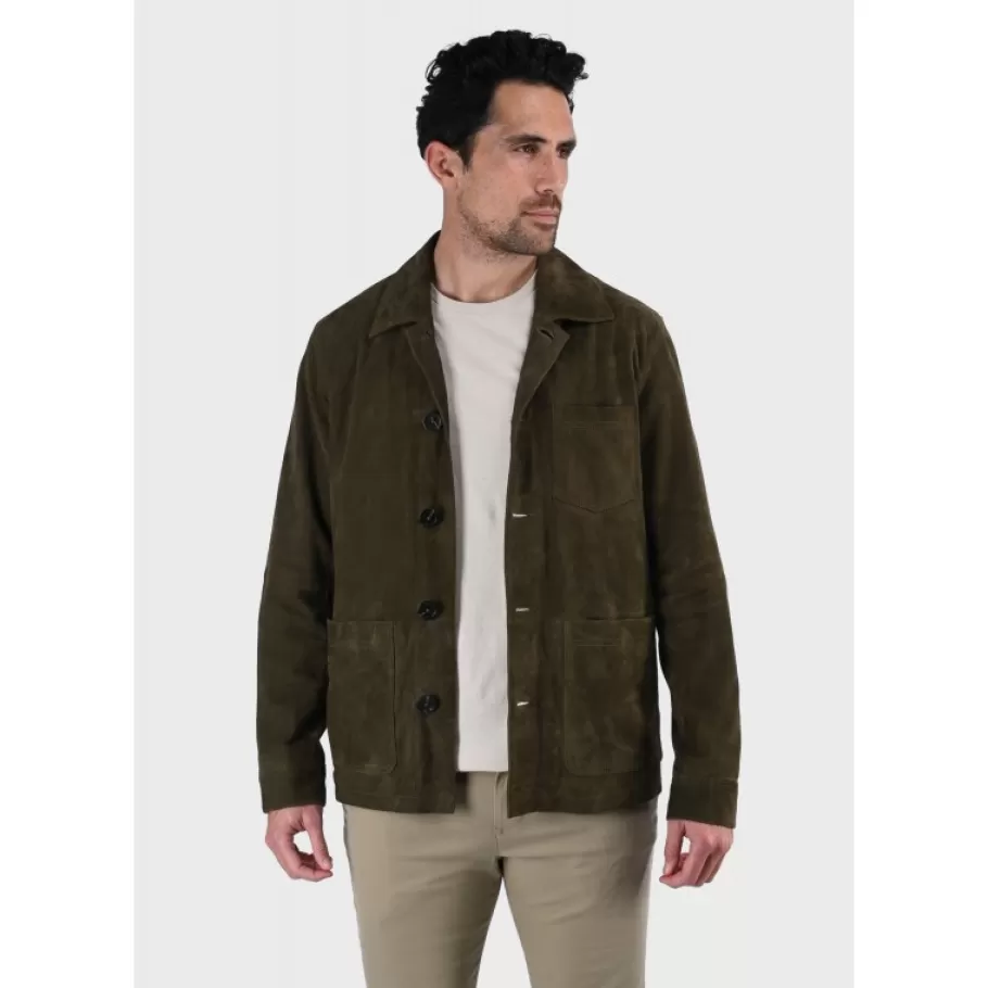 OAKWOOD Riccardo Vert Fonce - Veste Col Chemise En Cuir Veritable De Chevre Velours Best