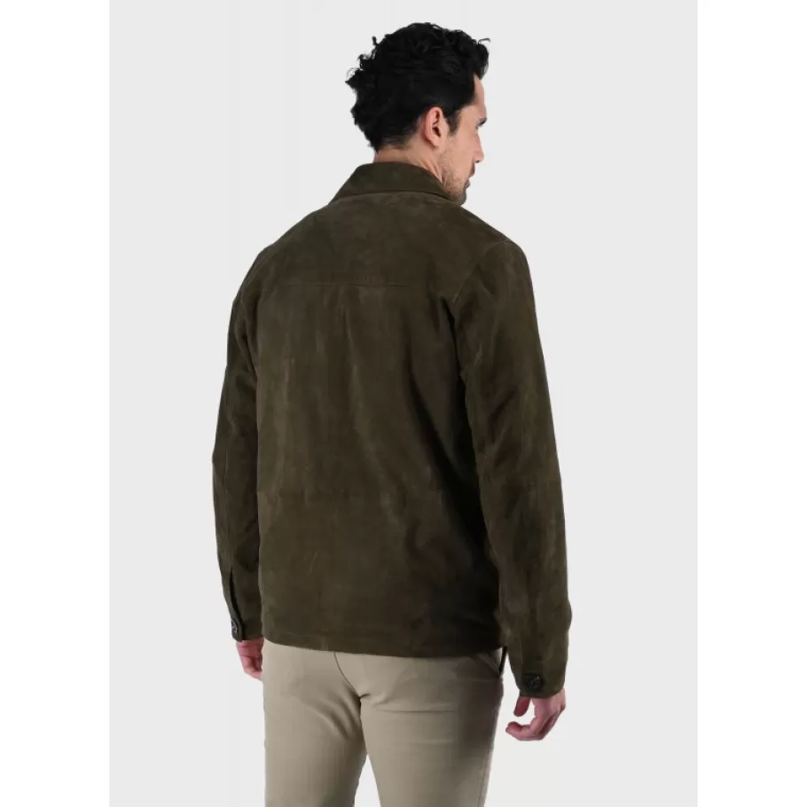 OAKWOOD Riccardo Vert Fonce - Veste Col Chemise En Cuir Veritable De Chevre Velours Best
