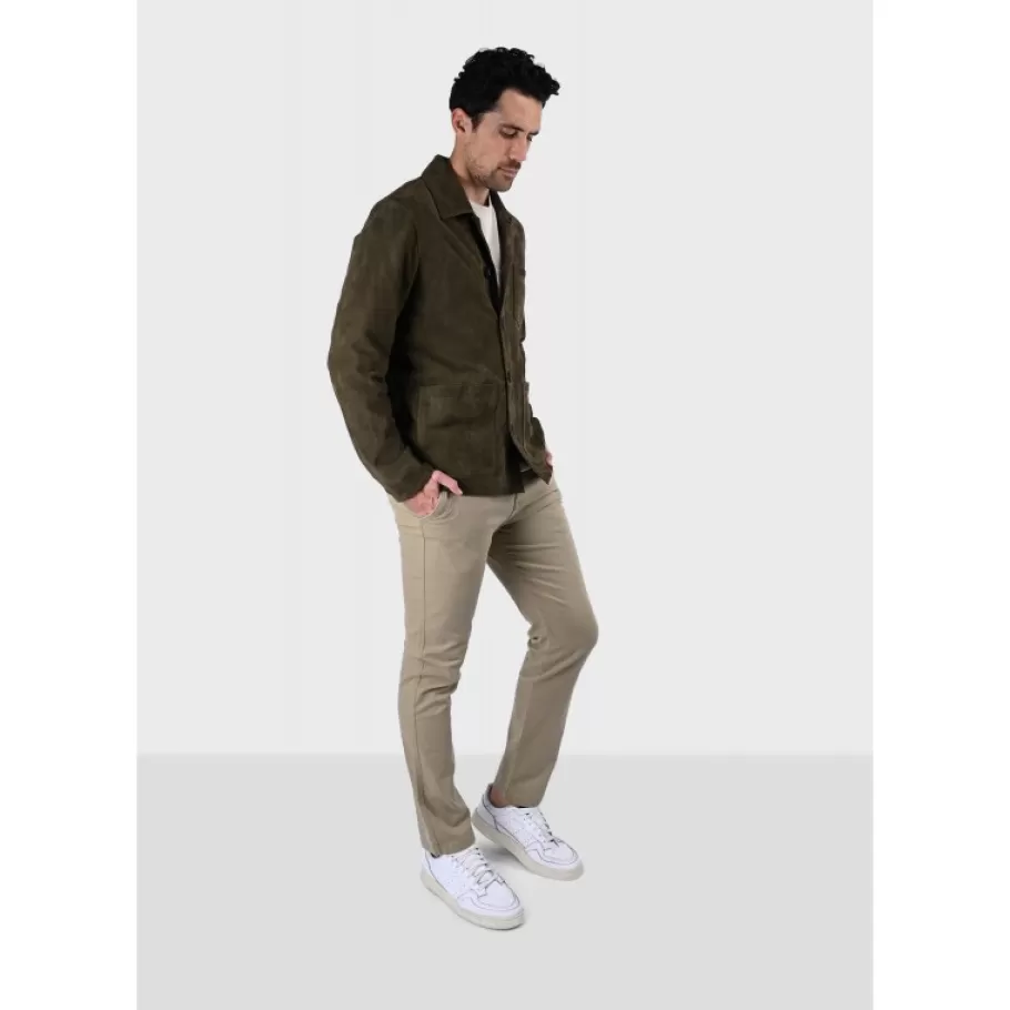 OAKWOOD Riccardo Vert Fonce - Veste Col Chemise En Cuir Veritable De Chevre Velours Best