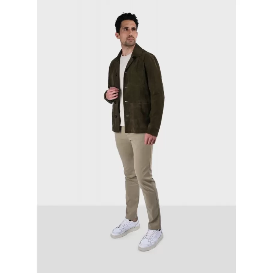 OAKWOOD Riccardo Vert Fonce - Veste Col Chemise En Cuir Veritable De Chevre Velours Best