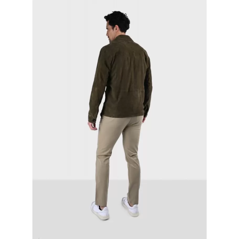 OAKWOOD Riccardo Vert Fonce - Veste Col Chemise En Cuir Veritable De Chevre Velours Best