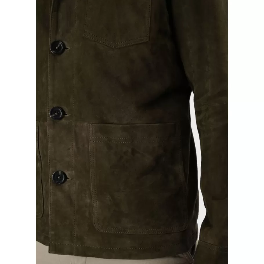 OAKWOOD Riccardo Vert Fonce - Veste Col Chemise En Cuir Veritable De Chevre Velours Best