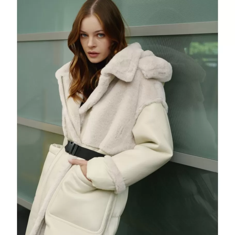 OAKWOOD Sofia Coquille - Manteau Long Tri-Matiere Fausse Fourrure / Similicuir / Nylon Doudoune Outlet