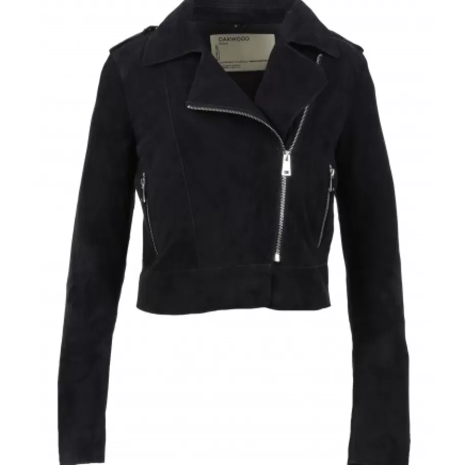 OAKWOOD Zulina Bleu Marine - Blouson Biker Court Cuir Veritable Chevre Velours New