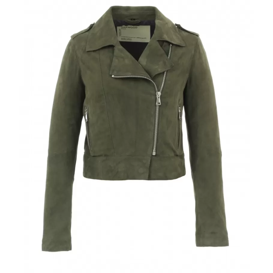 OAKWOOD Zulina Kaki Fonce- Blouson Biker Court Cuir Veritable Chevre Velours Flash Sale