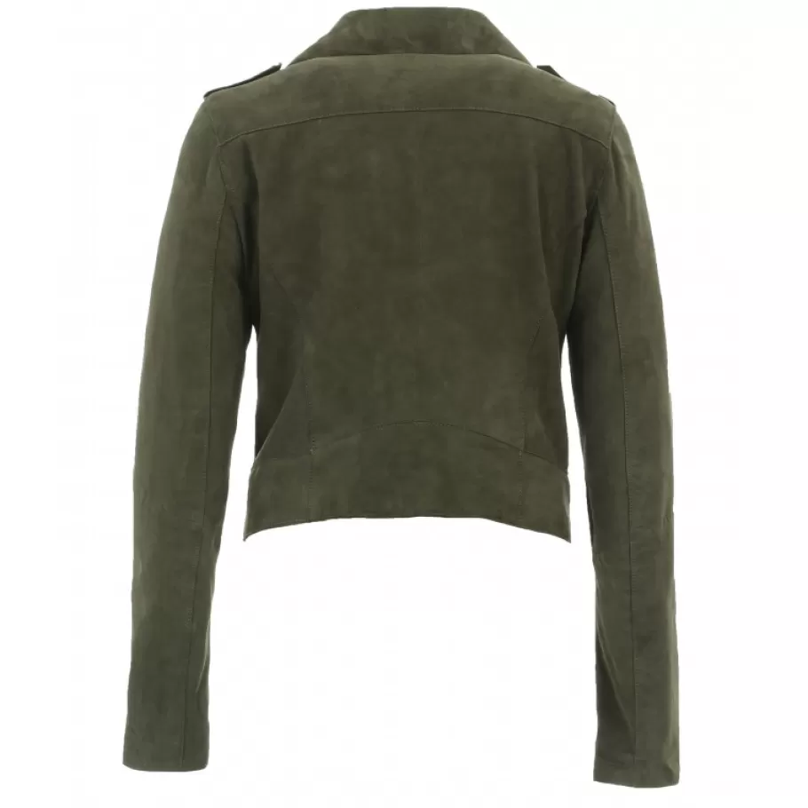 OAKWOOD Zulina Kaki Fonce- Blouson Biker Court Cuir Veritable Chevre Velours Flash Sale